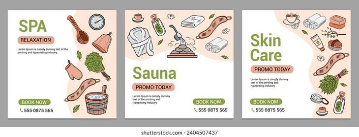 Set of layouts for spa. Sauna, steam room, spa treatments. Editable ready-made layouts for flyers, promos, banners.