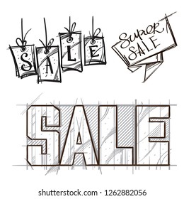 A set of layouts for stores sale. Vector black and white drawing.