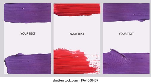 A set of layouts with texture strokes of thickly applied acrylic paint. Space for your text. Design for cosmetic products. Background image. EPS10.
