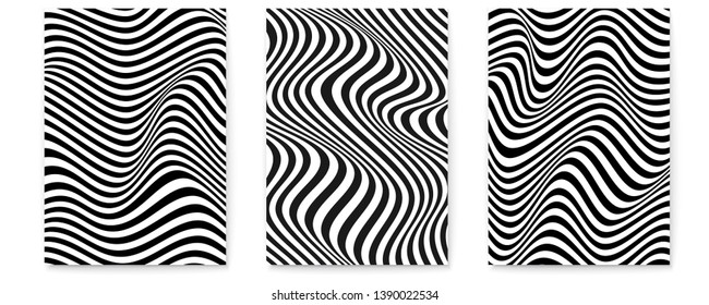 Set of layouts with wavy lines. Twisted duotone backgrounds. Abstract pattern from lines, halftone effect. Black and white texture. Minimalistic design template for poster, banner, cover, postcard