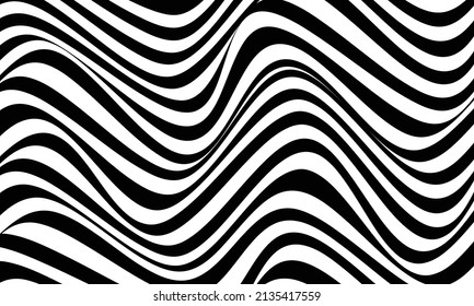 Set of layouts with wavy lines. Twisted duo tone backgrounds. Abstract pattern from lines, halftone effect. Black and white texture. Minimalist design template for poster, banner, cover, postcard