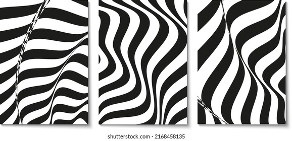Conjunto de diseños con líneas onduladas. Fondos de duotones torcidos. Patrón abstracto de las líneas, efecto de semitono. Textura en blanco y negro. Plantilla de diseño minimalista para afiches, banners, portadas, postales