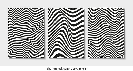 Set of layouts with wavy lines. Twisted duotone backgrounds. Abstract pattern from lines, halftone effect. Black and white texture. Minimalistic design template for poster, banner, cover, postcard