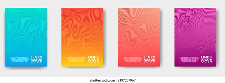 Set of layouts with wavy lines. Twisted gradient backgrounds. Abstract pattern from lines, halftone effect. Black and white texture. Minimalistic design template for poster, banner, cover, postcard