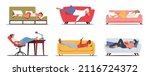Set of Lazy Characters Relaxing during Weekend at Home Sleeping, Surfing Internet, Eating Junk Food. Weekend Recreation Concept. People Having Rest, Procrastination. Cartoon People Vector Illustration