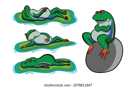 Set of lazy frogs vector illustration laying in the lily leaf and sitting in the rock. 