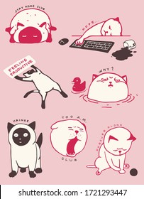 A set of lazy - non productive cats concept pins/stickers design collection, cute, fun and yawn - grumpy vibe, simple 2 tone mono color, flat hand drawn style