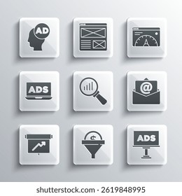 Set Lead management, Advertising, Mail and e-mail, Magnifying glass analysis, Board with graph chart,  and Website statistic icon. Vector
