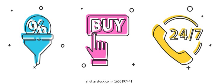 Establecer administración de clientes potenciales, botón Comprar e icono de asistencia telefónica las 24 horas. Vector