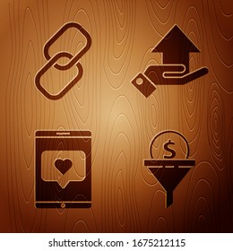 Set Lead management, Chain link, Mobile phone and like with heart and Money on hand on wooden background. Vector