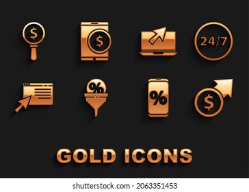 Establecer administración de plomo, Reloj 24 horas, Clock 24 horas, Crecimiento financiero y moneda, Porcentaje de descuento para móviles, Compras en línea en pantalla, Cursor de portátil, dólar de vidrio de aumento y Tablet con icono. Vector