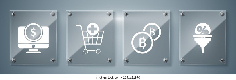 Set Lead management, Cryptocurrency coin Bitcoin, Add to Shopping cart and Computer monitor with dollar. Square glass panels. Vector