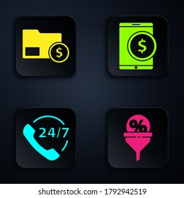 Set Lead management, Envelope with coin dollar, Telephone 24 hours support and Tablet with dollar. Black square button. Vector