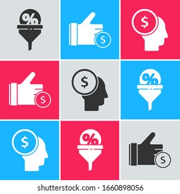 Set Lead management, Hand holding coin and Business man planning mind icon. Vector