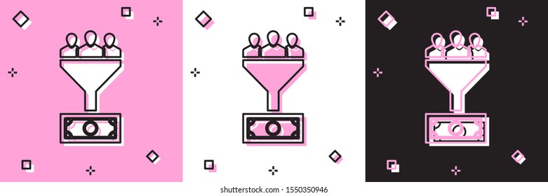 Set Lead management icon isolated on pink and white, black background. Funnel with people, money. Target client business concept.  Vector Illustration
