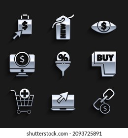 Establecer administración de plomo, portátil y cursor, moneda de enlace de cadena, botón Comprar, Añadir carrito de compras, monitor de ordenador con dólar, icono de Ojo y bolsa de compras. Vector