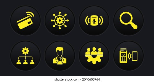 Set Lead management, Magnifying glass, Scientist and test tube, Project team base, Voice assistant and  icon. Vector