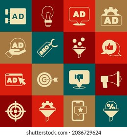 Set Lead management, Megaphone, Customer product rating, Advertising, SEO optimization,  and  icon. Vector