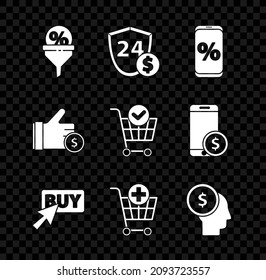 Set Lead management, Shield with dollar, Percent discount and mobile, Buy button, Add Shopping cart, Business planning mind, Hand holding coin and check mark icon. Vector