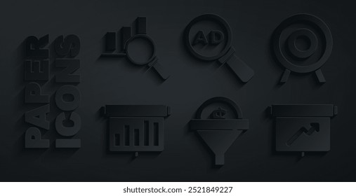 Set Lead Management, Zielsport, Board mit Diagramm, Werbung und Vergrößerung Glas und Analyse-Symbol. Vektorgrafik