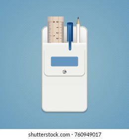 A set of lead pencil, pen and rule in a white pocket with a label and a button. Writing and drawing tools kit. School stationery for decoration