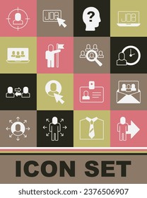 Set Leader of a team of executives, Project base, Work time, Worker, Man holding flag, Head hunting and Magnifying glass for search job icon. Vector
