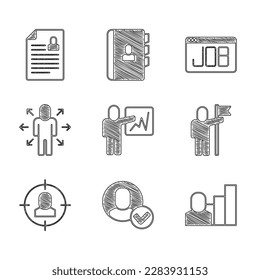 Set Leader of a team of executives, Worker, Productive human, Man holding flag, Head hunting, Multitasking manager working, Search job and Resume icon. Vector