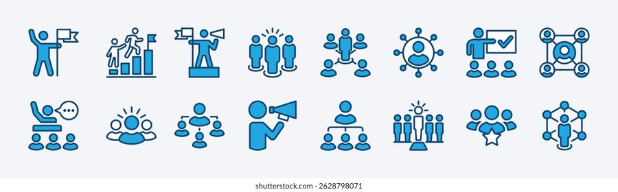 Set of leadership icon vector. Containing leader, guide, guidance, mentorship, coaching, group, organization, hierarchy, manager, campaign, collaboration, confidence, motivation. Illustration