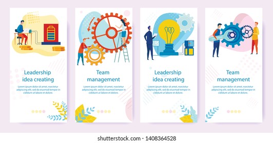 Set Leadership Idea Creatihg, Team Management. Man is Charging Laptop. People Turn Gears. Chief Looks at Burning Incandescent Lamp. Employee Holds Wrench. Vector Illustration Landing Page.