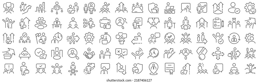 Set of leadership and teamwork line icons. Collection of black linear icons