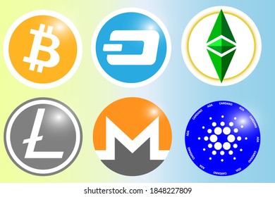 A set of leading Cryptocurrencies. A type of digital currency, accounting for internal accounting units is provided by a decentralized payment system on a beautiful background