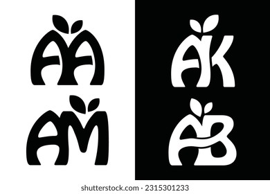 Set of leaf and AA AM AK AB letter black and white. Suitable in various business purposes also for icon, logo, symbol and many more.
