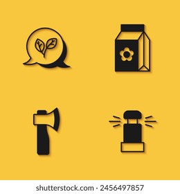 Set Leaf, Automatic irrigation sprinklers, Wooden axe and Pack full of seeds icon with long shadow. Vector