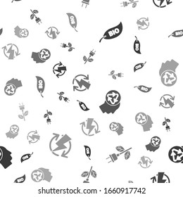 Set Leaf Bio symbol, Electric saving plug in leaf, Human head with recycle and Recharging on seamless pattern. Vector