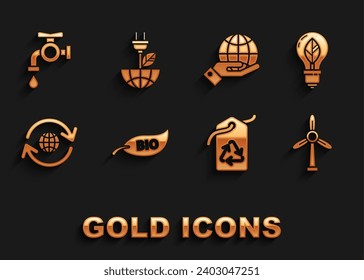 Set Leaf Bio symbol, Light bulb with leaf, Wind turbine, Tag recycle, Planet earth and recycling, Human hands holding Earth globe, Water tap and Electric saving plug icon. Vector