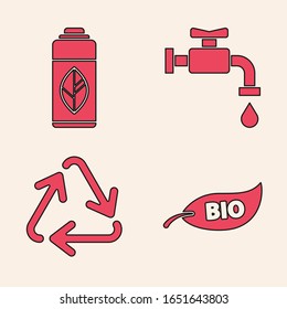 Set Leaf Bio symbol, Recycling plastic bottle, Water tap and Recycle symbol icon. Vector