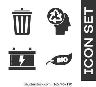 Fije el símbolo de la biología de hoja, la lata de basura, la batería de Camión y la cabeza humana con el icono de reciclaje. Vector