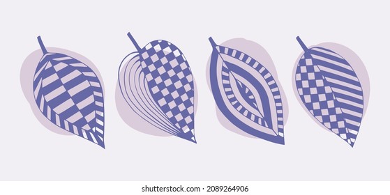 Set of leaf buds in a thin line art. Graphic vector illustration of plants hand drawn on colored background very peri. Doodle style outline banner.