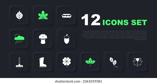 Set Leaf, Chestnut, Mushroom, Cloud with rain and sun, Waterproof rubber boot, leaf and Four clover icon. Vector