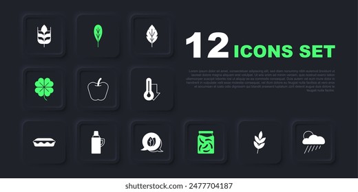 Set Leaf, Cloud with rain and sun, Apple, Pickled cucumbers jar, Four leaf clover, Thermos container,  and  icon. Vector