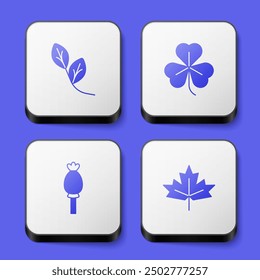 Set Leaf, Clover, Opium poppy and Canadian maple leaf icon. White square button. Vector