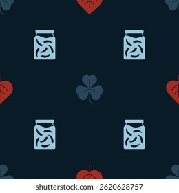 Set Leaf, Clover and Pickled cucumbers in jar on seamless pattern. Vector