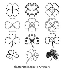 Set leaf clover. Three and Four leaf, silhouettes, hand-drawn, stylized. St. Patrick's day - stock vector