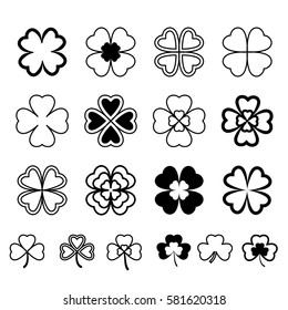 Set leaf clover. Three and Four leaf, silhouettes, stylized. St. Patrick's day. Black on White Background. Lucky symbol - stock vector