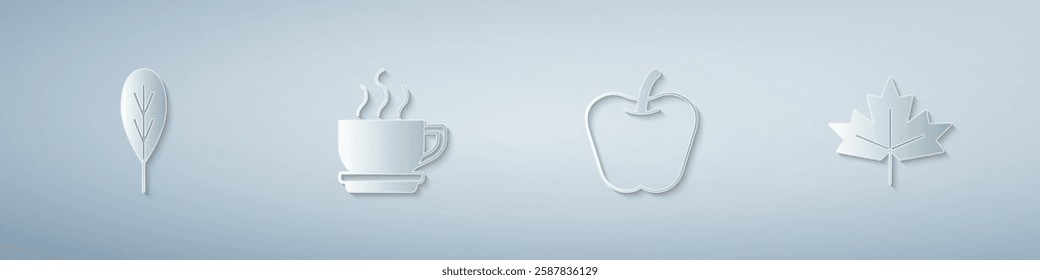 Set Leaf, Coffee cup, Apple and Canadian maple leaf. Paper art style. Vector