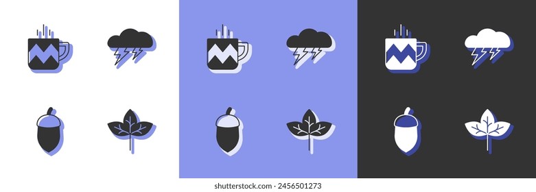 Set Hoja, Taza de té, Bellota y Nube y el icono del rayo. Vector