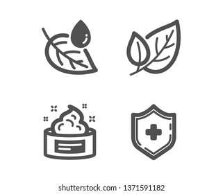 Set of Leaf dew, Skin cream and Leaf icons. Medical shield sign. Water drop, Medical cosmetic, Ecology. Medicine protection.  Classic design leaf dew icon. Flat design. Vector