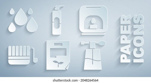 Set Leaf document, Aroma lamp, Sauna bucket and ladle, Perfume, Spray can for hairspray and Water drop icon. Vector