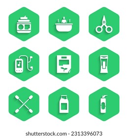 Set Leaf document, Bottle with milk, Spray can for hairspray, of shampoo, Cotton swab ears, Music player, Scissors and Cream lotion cosmetic tube icon. Vector