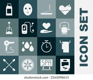 Set Leaf document, Towel on hanger, Kettle with handle, Scented spa stick, Music player, Tea bag, Bottle milk and Heart icon. Vector